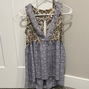 Mystree Cream Floral Sleeveless Top with Purple and Olive Accents